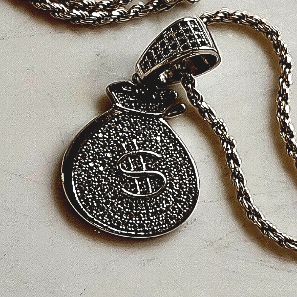 Diamond in Sterling money bag pendant necklace